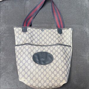 Gucci Beige and Navy Tote with Red Accents
